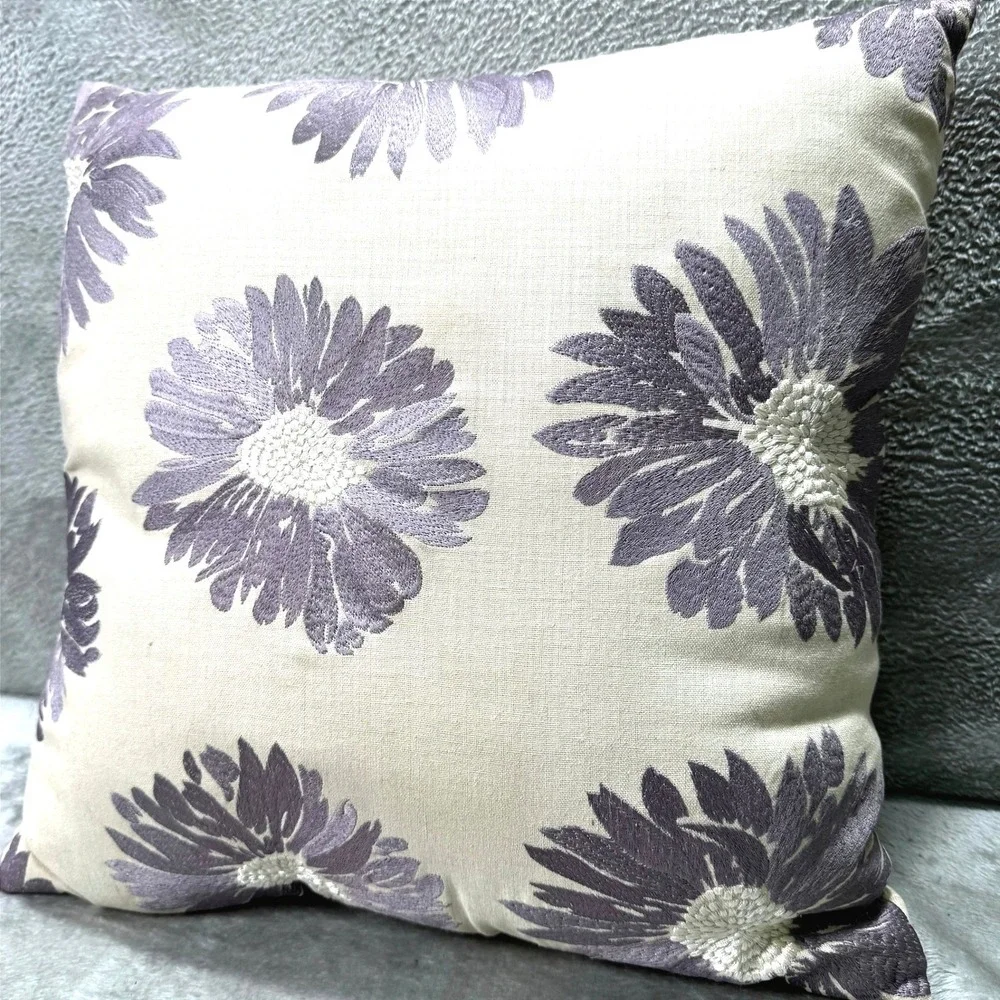 Pier 1 Embroidered Lavender Floral Throw Pillow Boho Cream Decorative Cushion